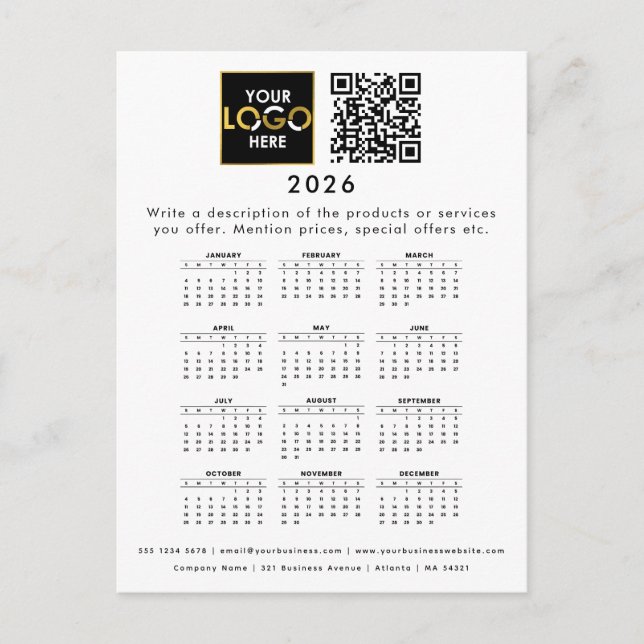 Carte Postale 2026 Calendrier Business Logo Coordonnées Code QR (Devant)