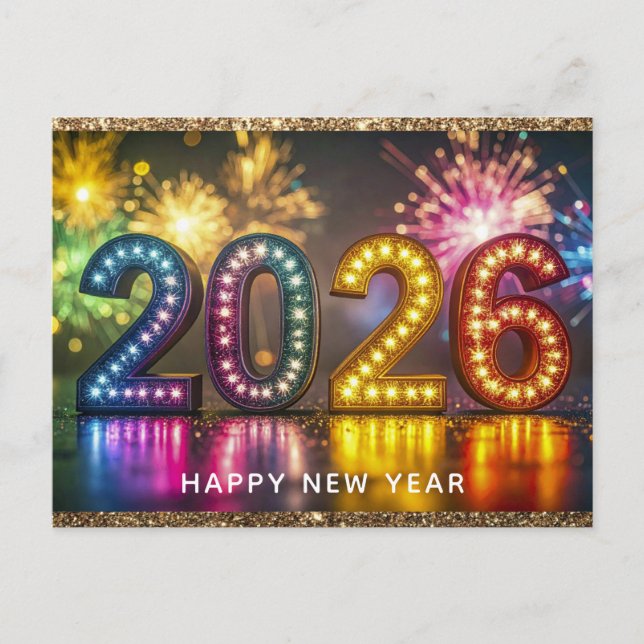 Carte Postale 2026 Happy New Year Modern Fireworks Glitter (Devant)