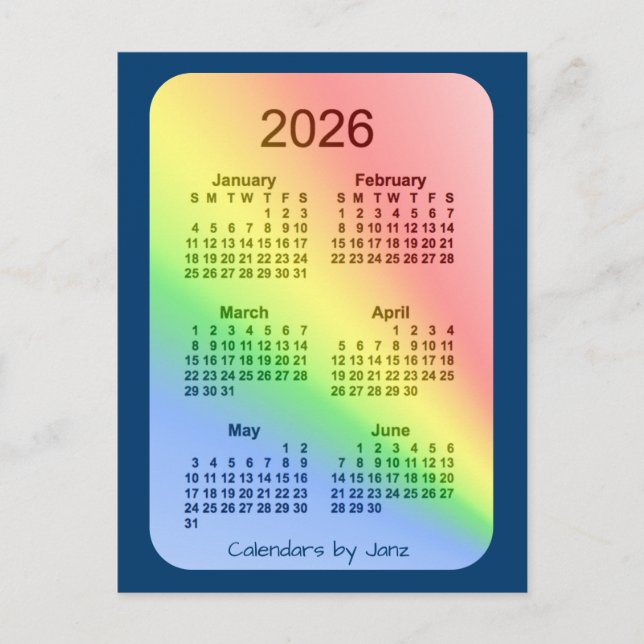 Carte Postale 2026 Rainbow Blue 6 mois Mini calendrier par Janz (Devant)