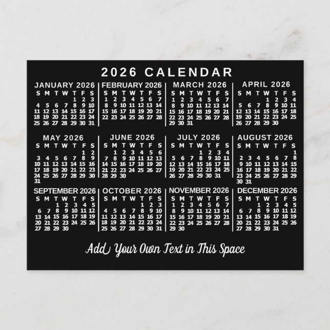 Carte Postale 2026 Year Monthly Calendar Classic Black and White (Devant)