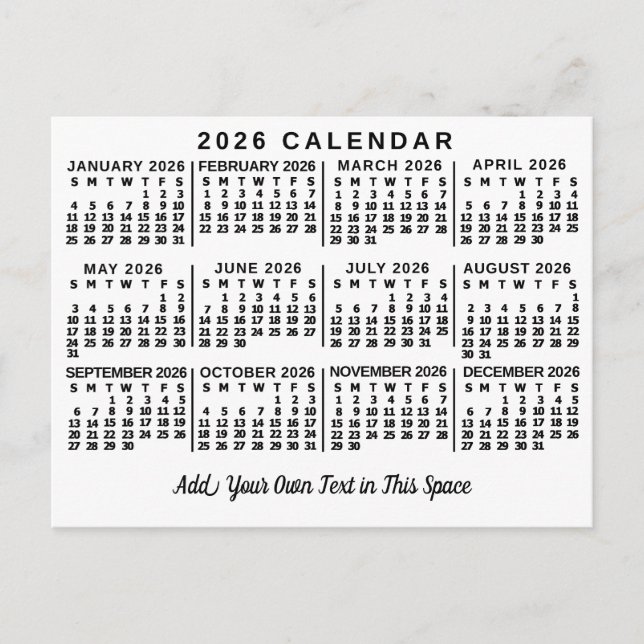 Carte Postale 2026 Year Monthly Calendar Classic White and Black (Devant)