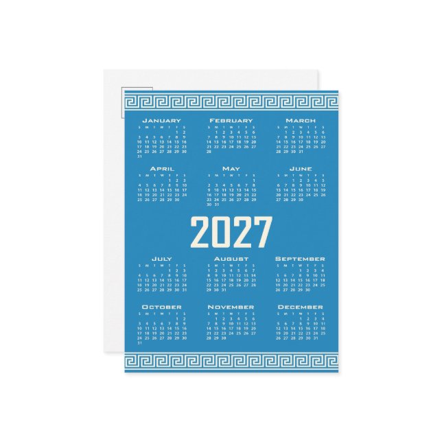 Carte Postale 2027 Calendar, Greek Fret, Cosmic Latte on Blue (Devant/Arrière en situation)
