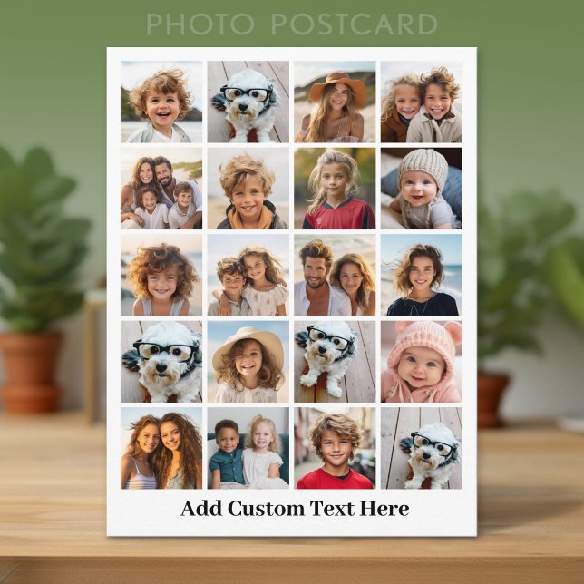 Carte Postale 20 Collage de photos - Grille avec texte - blanc (Custom Photo Postcard with Lots of Pictures)