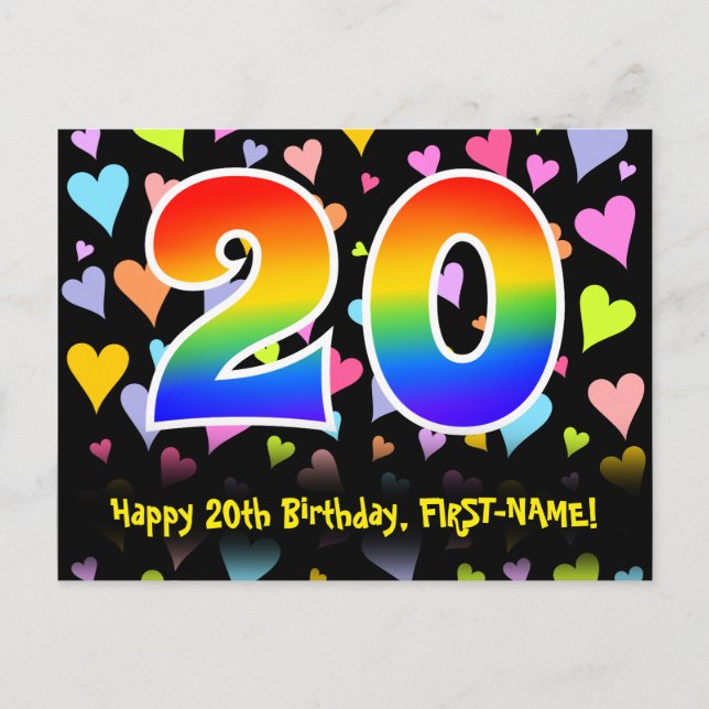 Carte Postale 20e anniversaire : Fun Hearts Motif, Rainbow 20 (Devant)