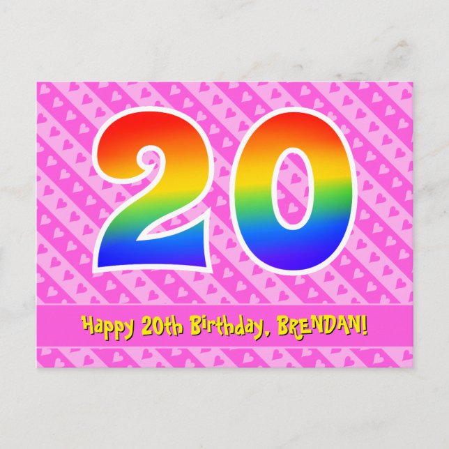 Carte Postale 20e anniversaire : Rayures roses et cœurs, Arc-en- (Devant)