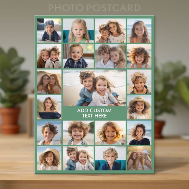 Carte Postale 21 Collage de photos - Vert et Texte (Custom Photo Postcard with Lots of Pictures)
