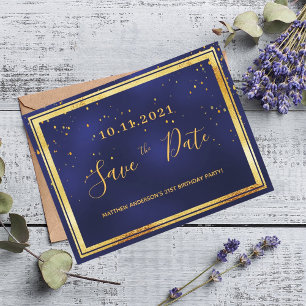 Carte Postale 21e anniversaire bleu foncé or enregistrer la date