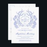 CARTE POSTALE 21e anniversaire Blue Floral Crest I<br><div class="desc">Une élégante crête vintage de fleurs bleues françaises occupe le devant de la scène pour cette invitation intemporelle à l'anniversaire. Orné,  formel et très féminin fera que toute femme d'anniversaire se sentira très spéciale. Des fournitures de partie de coordination sont disponibles.</div>