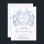 CARTE POSTALE 21e anniversaire Blue Floral Crest I<br><div class="desc">Une élégante crête vintage de fleurs bleues françaises occupe le devant de la scène pour cette invitation intemporelle à l'anniversaire. Orné,  formel et très féminin fera que toute femme d'anniversaire se sentira très spéciale. Des fournitures de partie de coordination sont disponibles.</div>