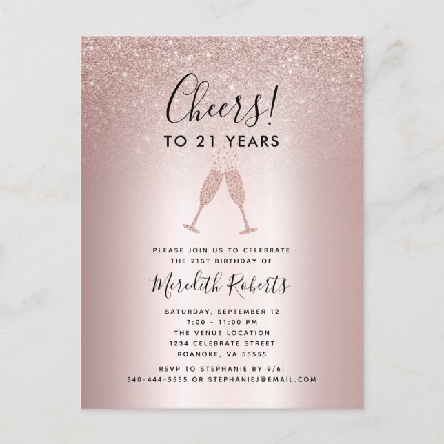Carte Postale 21e Anniversaire Blush Parties scintillant Champag (Devant)