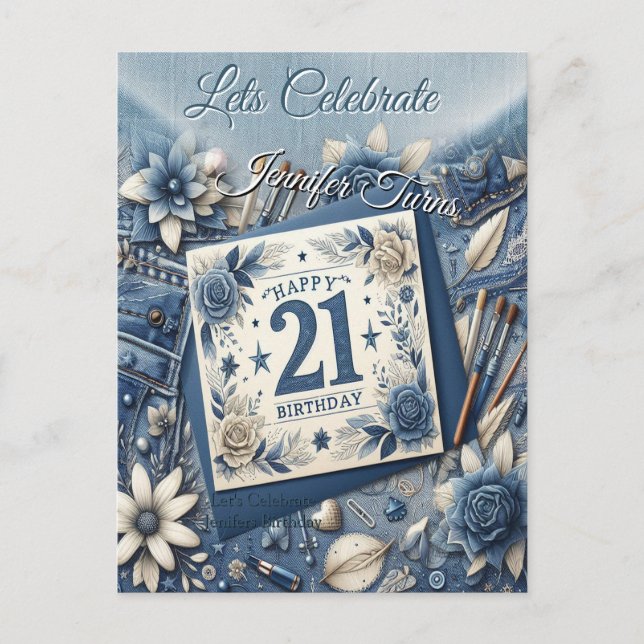 Carte Postale 21e Anniversaire crème bleu fleur amande (Devant)