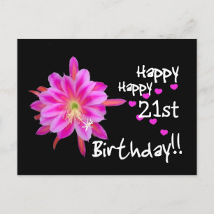Carte Postale 21e anniversaire - Fleur tropicale rose et Coeurs