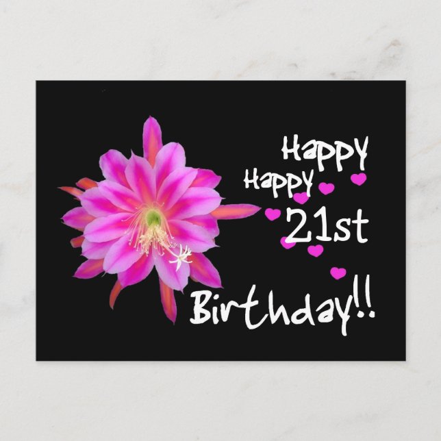 Carte Postale 21e anniversaire - Fleur tropicale rose et Coeurs (Devant)