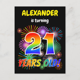 Carte Postale 21e anniversaire - Fun Fireworks, Rainbow Look "21
