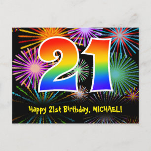 Carte Postale 21e anniversaire - Fun Motif Fireworks + Arc-en-ci