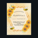 Carte Postale 21e anniversaire jaune tournesol rustique invitati<br><div class="desc">Elégante, amusante, invitation à la fête d'été de 21e anniversaire. Jaune, arrière - plan blanc avec un motif de nid d'abeille. Avec un cadre géométrique en faux or. Décoré de tournesols jaunes et oranges et d'abeilles bourdonnantes. Le nom est écrit avec un script de style moderne écrit à la main....</div>