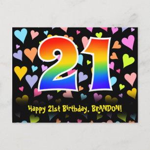 Carte Postale 21e Anniversaire : Motif coeurs amusants, arc-en-c