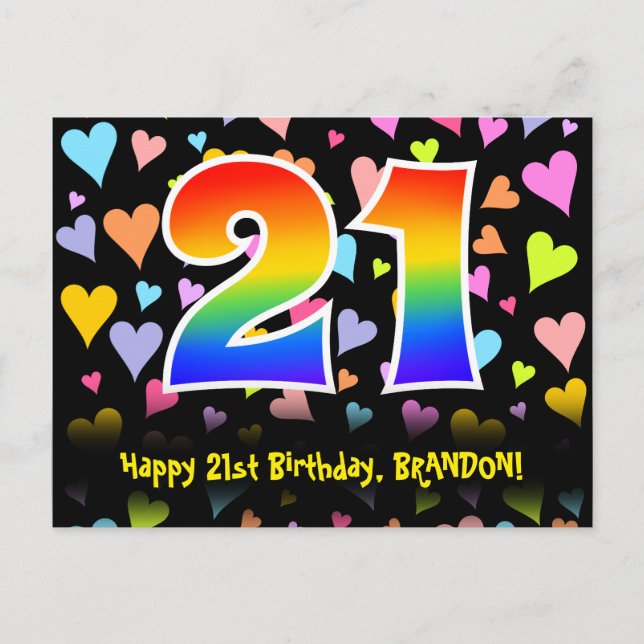 Carte Postale 21e anniversaire : motif coeurs amusants, arc-en-c (Devant)