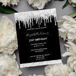 Carte Postale 21e anniversaire noir argent parties scintillant i<br><div class="desc">Une invitation moderne, élégante et glamour pour la fête du 21e anniversaire d'une jeune femme. Un arrière - plan noir chic avec d'élégantes gouttes de parties scintillant en faux argent, la peinture goutte à goutte. Personnalisez et ajoutez un nom et des détails du parti. Le nom est écrit avec un...</div>