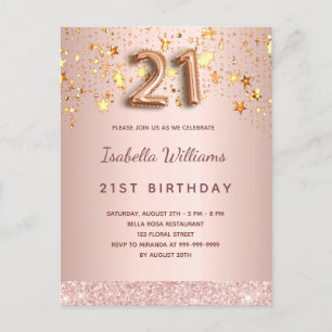 Carte Postale 21e anniversaire rose or blush étoiles or