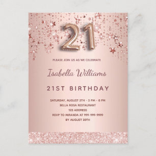 Carte Postale 21e anniversaire rose or rose ballon étoiles