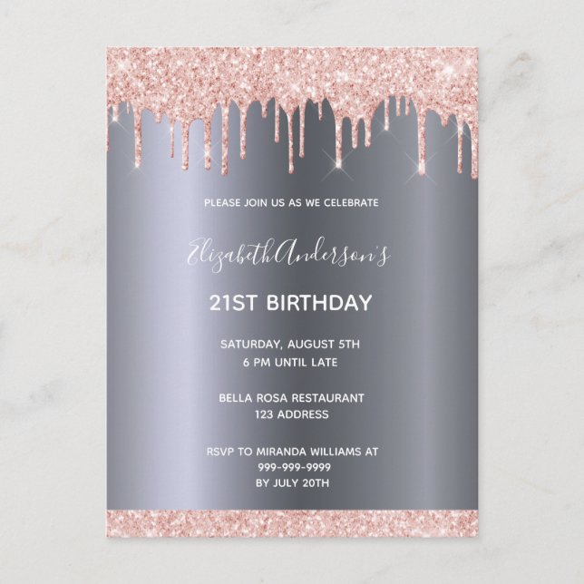 Carte Postale 21st birthday rose gold glitter drips (Devant)