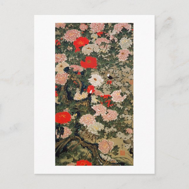 Carte Postale 22. 牡 丹 小 図, 若 冲 Peonies & Petits Oiseaux, Jakuchu (Devant)