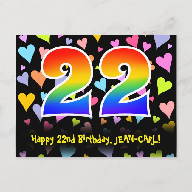 Carte Postale 22e Anniversaire : motif coeurs amusants, arc-en-c (Devant)