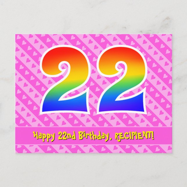Carte Postale 22e anniversaire : Pink Stripes & Hearts, Arc-en-c (Devant)