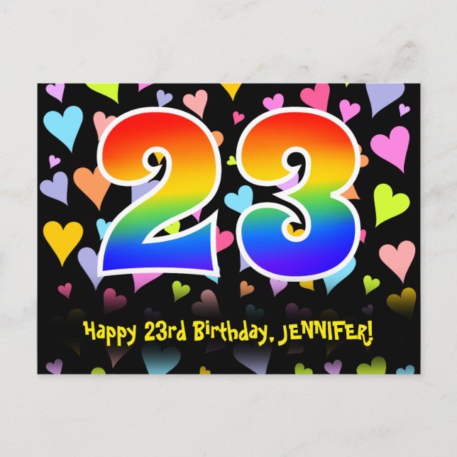 Carte Postale 23e anniversaire : motif de cœurs amusants, arc-en (Devant)