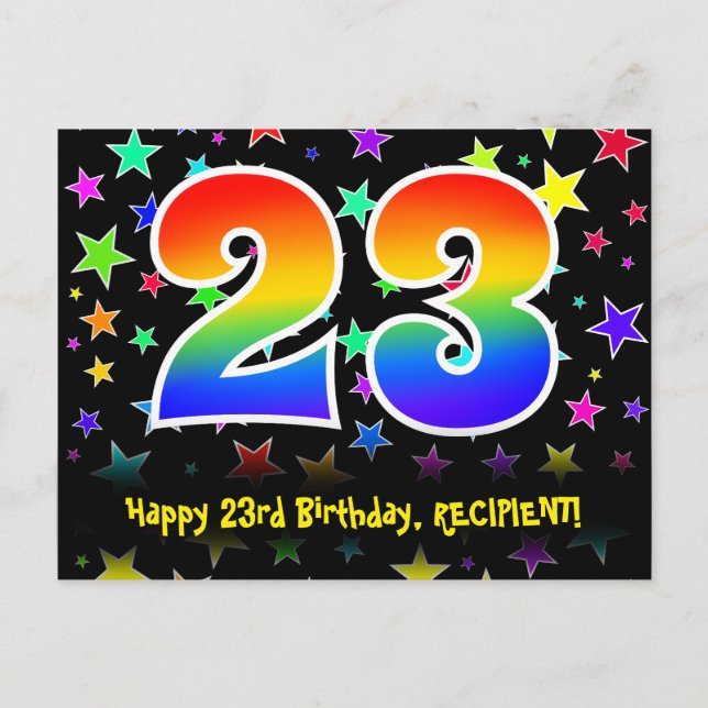 Carte Postale 23e Anniversaire : Motif Étoiles Amusantes, Arc-en (Devant)