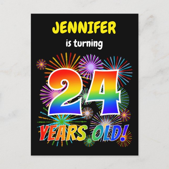 Carte Postale 24e anniversaire - Fun Fireworks, Rainbow Look "24 (Devant)