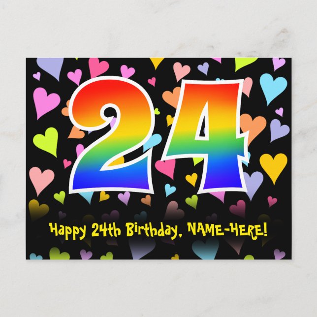 Carte Postale 24e Anniversaire : motif coeurs amusants, arc-en-c (Devant)