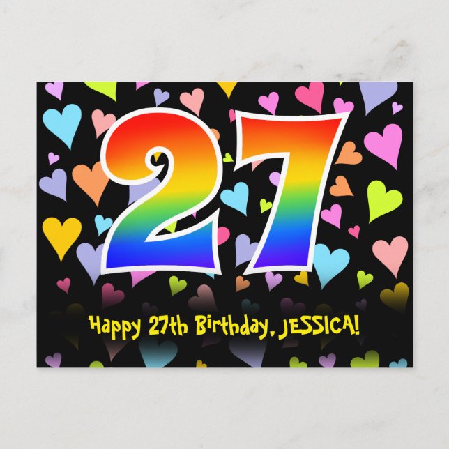 Carte Postale 27e anniversaire : motif coeurs amusants, arc-en-c (Devant)