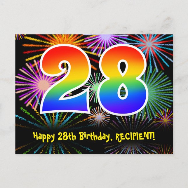 Carte Postale 28e Anniversaire – Motif de feux d'artifice amusan (Devant)