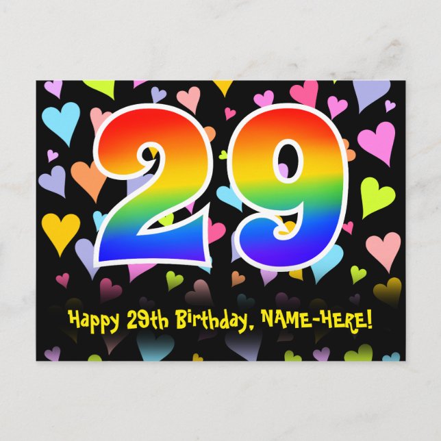 Carte Postale 29e anniversaire : Fun Hearts Motif, Arc-en-ciel 2 (Devant)