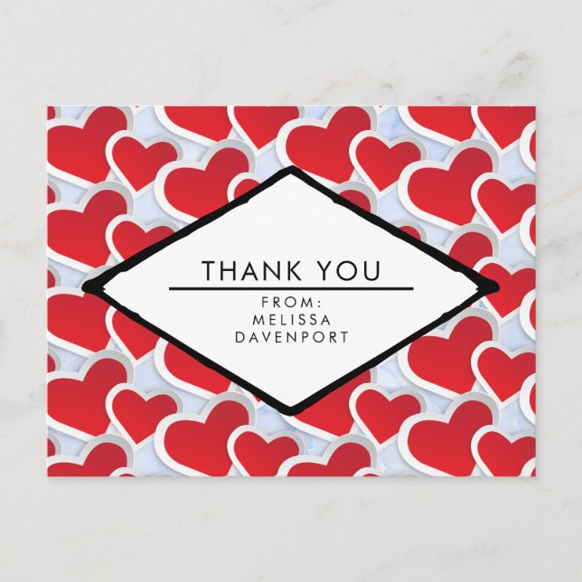 Carte Postale 2 Coeurs rouges Répéter Motif mignon Merci (Devant)