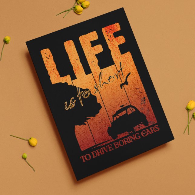 Carte Postale 2CV Vétéran La vie est trop courte pour conduire d (2CV Postcard in Black with a Orange Sunset Background)