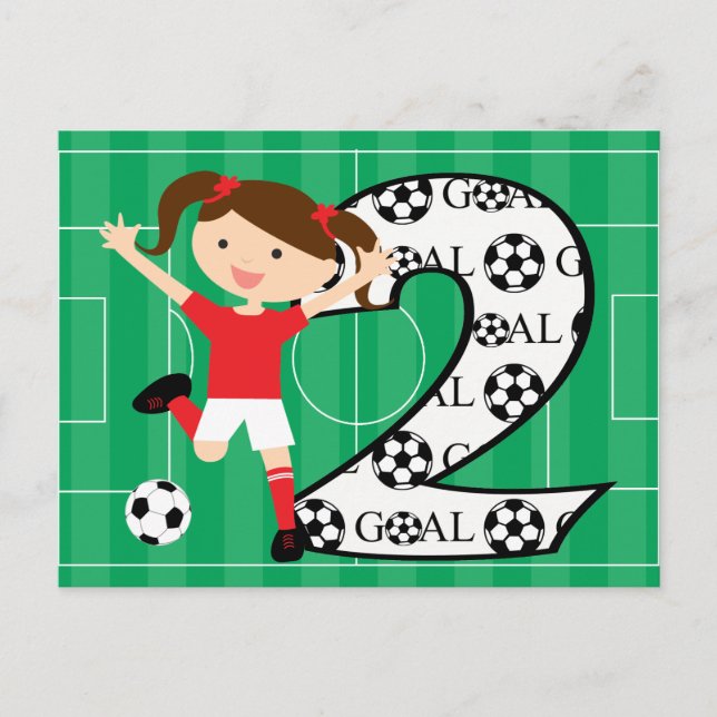 Carte Postale 2e anniversaire fille de football rouge et blanc (Devant)