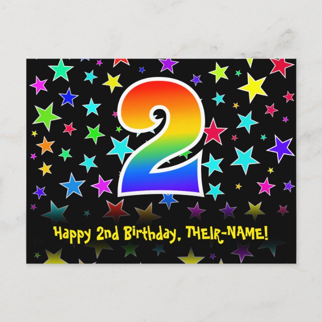 Carte Postale 2e anniversaire : Fun Stars Motif, Rainbow 2, Nom (Devant)