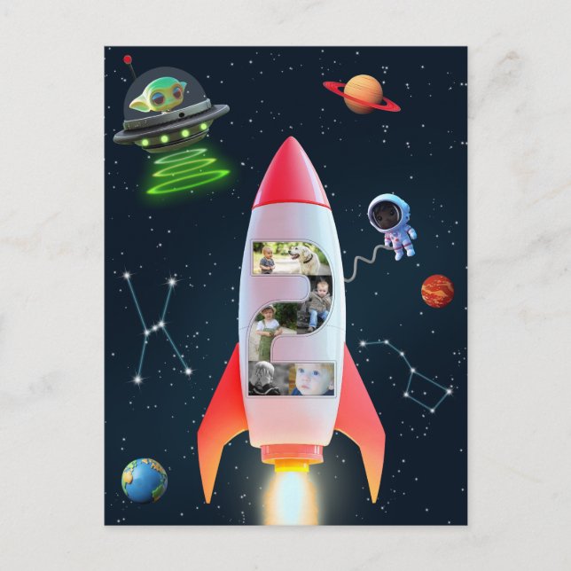 Carte Postale 2e Anniversaire Fusée Espace | Grand Collage Photo (Devant)