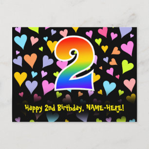 Carte Postale 2e anniversaire : motif coeurs amusants, arc-en-ci