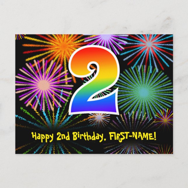 Carte Postale 2ème anniversaire - Fun Motif Fireworks + Rainbow  (Devant)