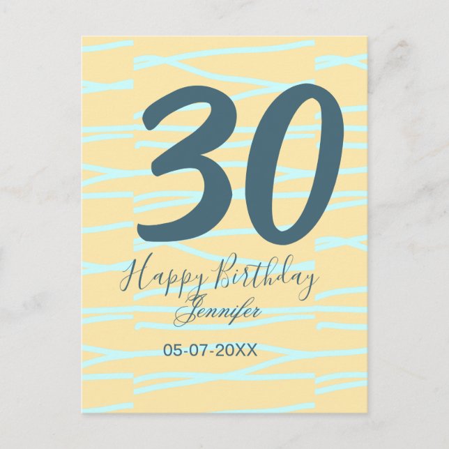 Carte Postale 30e anniversaire ajouter nom date année jaune bleu (Devant)