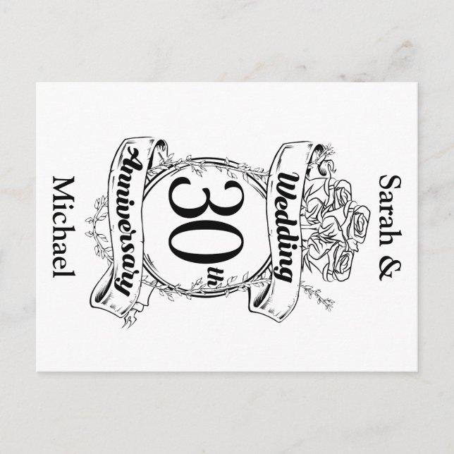 Carte Postale 30e anniversaire de Mariage Fleurs Rose Romantique (Devant)