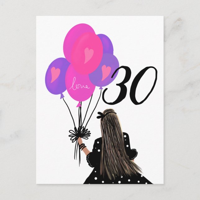 Carte Postale 30e anniversaire fille avec Bunch de ballon (Devant)