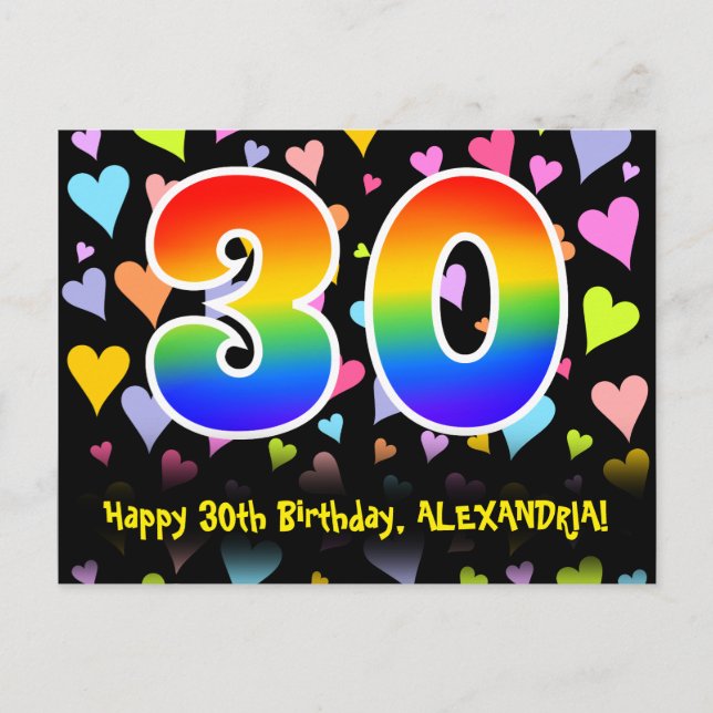 Carte Postale 30e anniversaire : Fun Hearts Motif, Arc-en-ciel 3 (Devant)