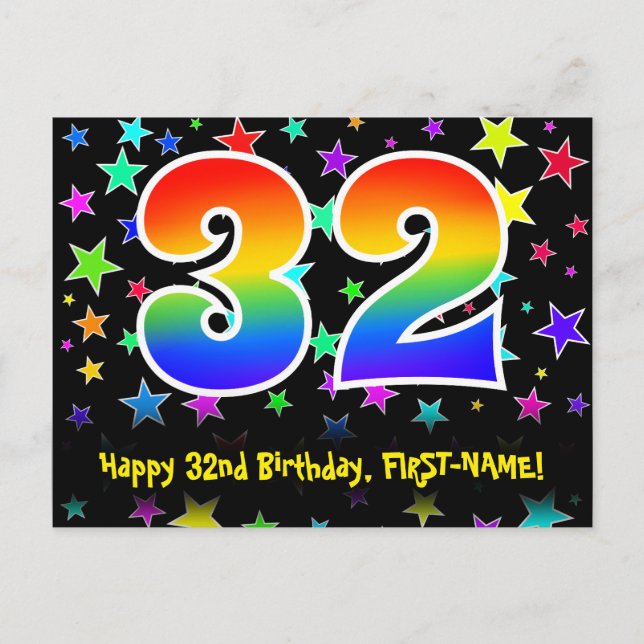 Carte Postale 32e anniversaire : Fun Stars Motif, Rainbow 32, No (Devant)