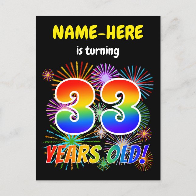 Carte Postale 33e anniversaire - Fun Fireworks, Rainbow Look "33 (Devant)
