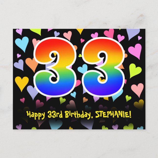 Carte Postale 33e Anniversaire : Motif coeurs amusants, arc-en-c (Devant)